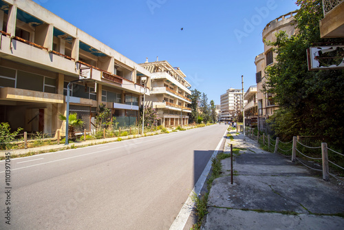 Street view of abandoned buildings in the Varosha (Kapali Maras) ghost town, Cyprus	 photo