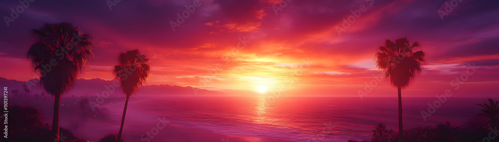 Fototapeta premium Vibrant Sunset over Ocean, Palm Trees Silhouette Against Fiery Sky, Coastal Landscape, Dramatic Hues, Warm Colors, Idyllic Scene