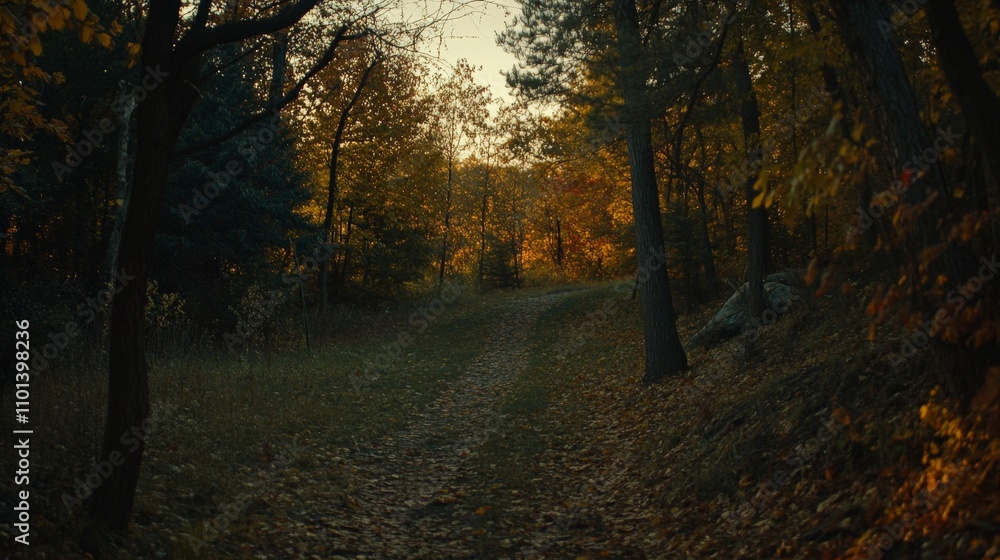 Fototapeta premium Serene Forest Pathway Surrounded by Vibrant Autumn Foliage and Golden Rays of Sunlight, Perfect for Nature Enthusiasts Seeking Tranquility and Scenic Beauty