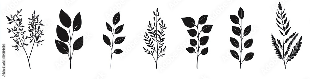 Fototapeta premium Silhouette botanical illustrations of various leaves and branches with berries in black on a white background Generative AI