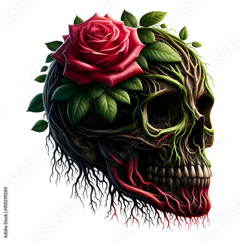 Skull with Roses and Vines Illustration