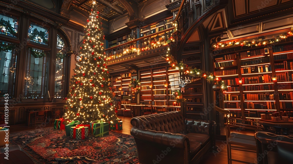A public library adorned with holiday-themed decorations, glowing lights, and festive displays, creating a welcoming and joyful atmosphere for visitors during the holiday season. A public library adorned with holiday-themed decorations, glowing lights, and festive displays, creating a welcoming and joyful atmosphere for visitors during the holiday season.