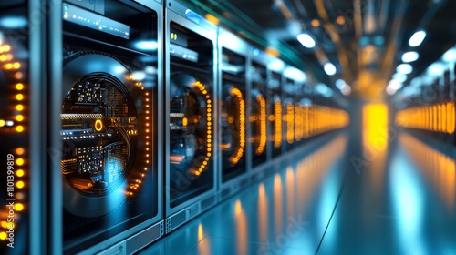 Futuristic GPU mining setup with illuminated servers in data center