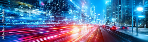 Abstract Cityscape, Night Traffic Blurs into Dynamic Digital Streams of Light and Data, Reflecting Technological Advancement.