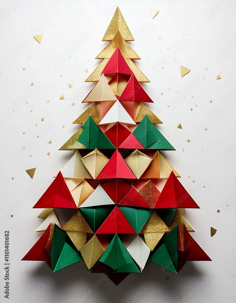 Overlapping red, green,and white triangular shapes arrange in a minimalist abstract style , Christmas tree background. Overlapping red, green,and white triangular shapes arrange in a minimalist abstract style , Christmas tree background.