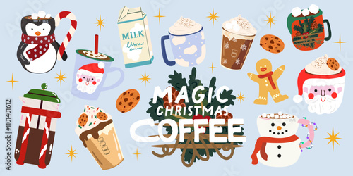 Big set of vector Christmas drinks collection. Mugs of cocoa with marshmallow for Xmas, New year or winter holidays. Flat cute different hot beverages and cookies. Cozy winter stickers