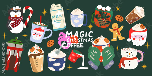 Big set of vector Christmas drinks collection. Mugs of cocoa with marshmallow for Xmas, New year or winter holidays. Flat cute different hot beverages and cookies. Cozy winter stickers