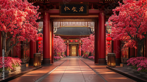 Red blossoms framing pathway to Chinese temple with traditional architecture. Suitable for travel, culture, Asiathemed designs and backgrounds. Generated AI