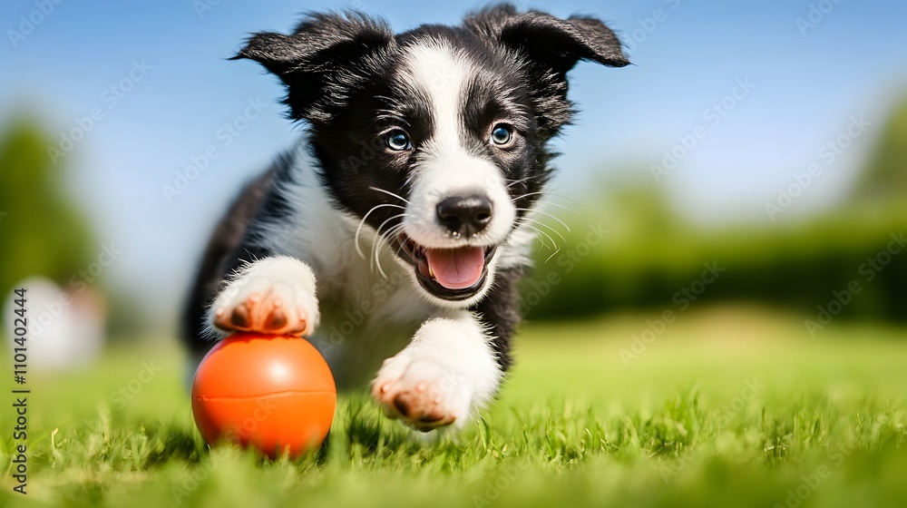 Fototapeta premium A playful border collie puppy chasing after a ball in a grassy field, set against a bright sky-blue background