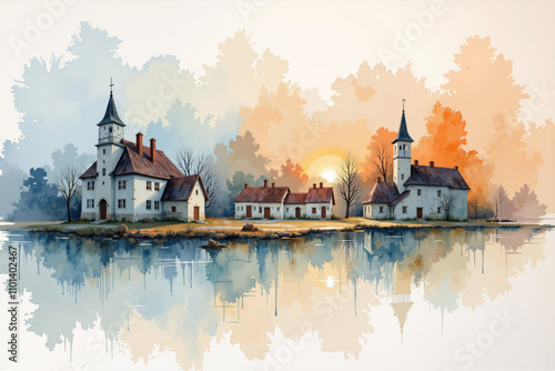 Watercolor painting of european village reflected in lake at sunset