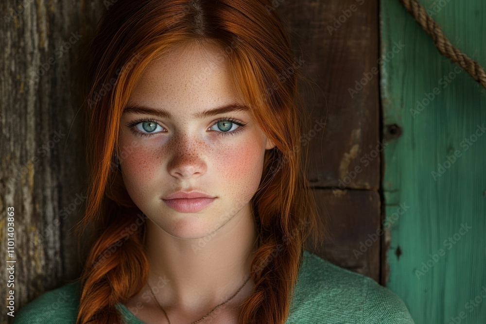 Fototapeta premium Young girl with red hair and blue eyes in a rustic setting