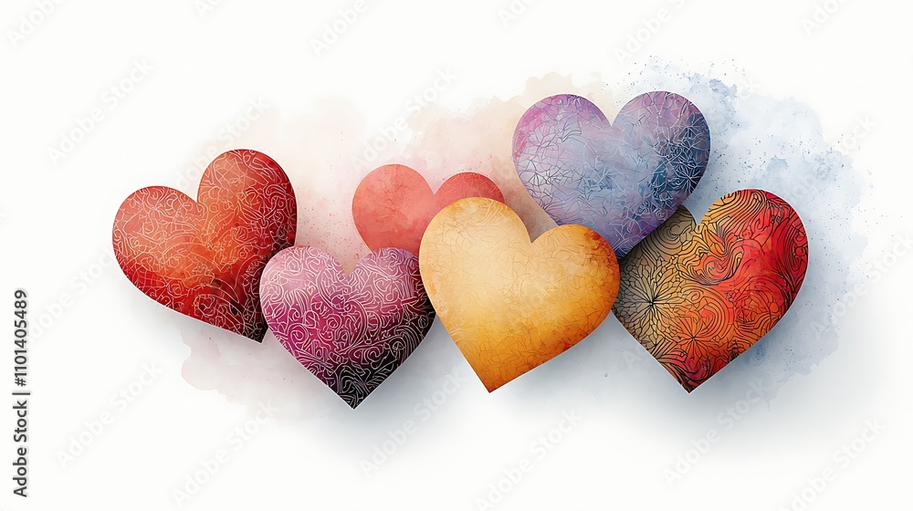 Fototapeta premium A vibrant and cheerful illustration featuring a collection of colorful hearts in shades of red, pink, orange, yellow, and purple, isolated on a crisp white background