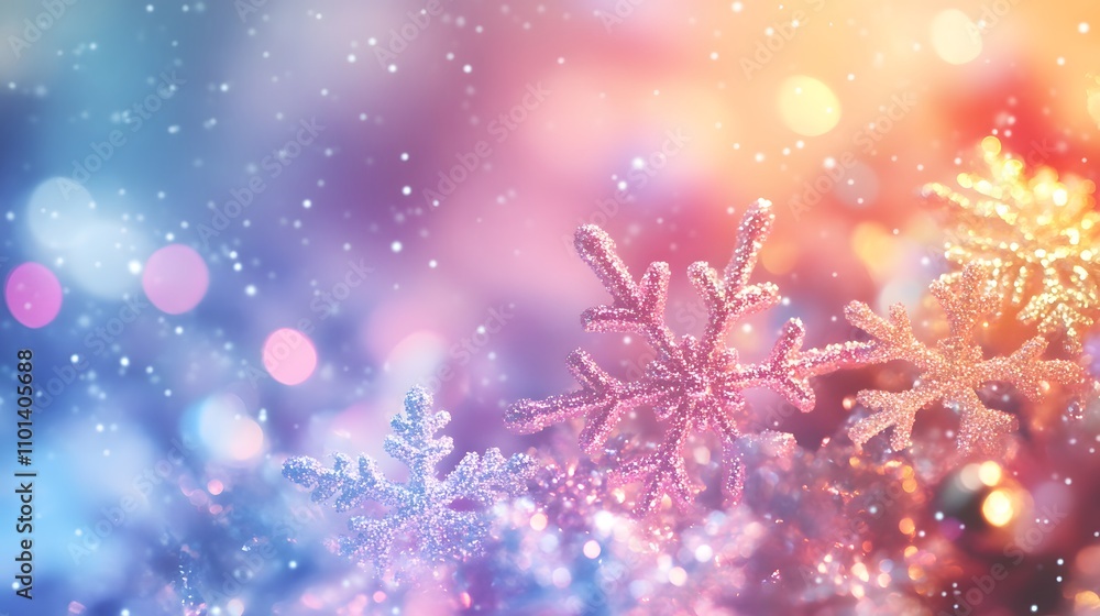 Fototapeta premium Glittering Pink and Silver Snowflakes Winter Background
