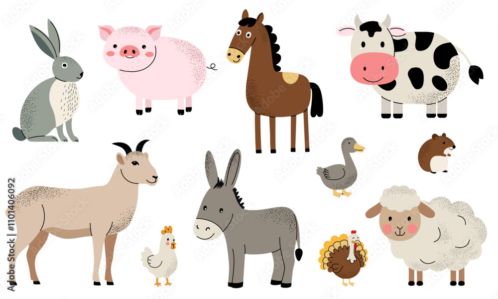 Fototapeta premium Cute farm animals set. Goat, pig, horse, donkey, cow, ship. Flat set of home animals