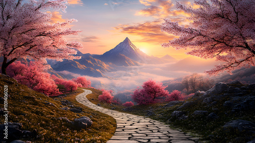 Sunrise Over Spring Valley with Cherry Blossoms and Winding Stone Path Leading to Mountain Peak photo