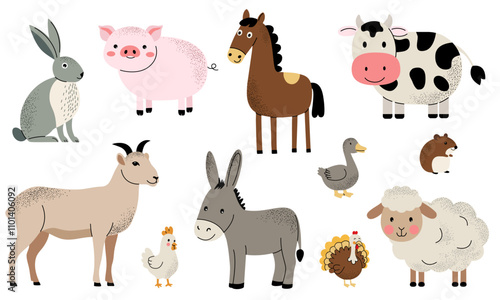 Cute farm animals set. Goat, pig, horse, donkey, cow, ship. Flat set of home animals