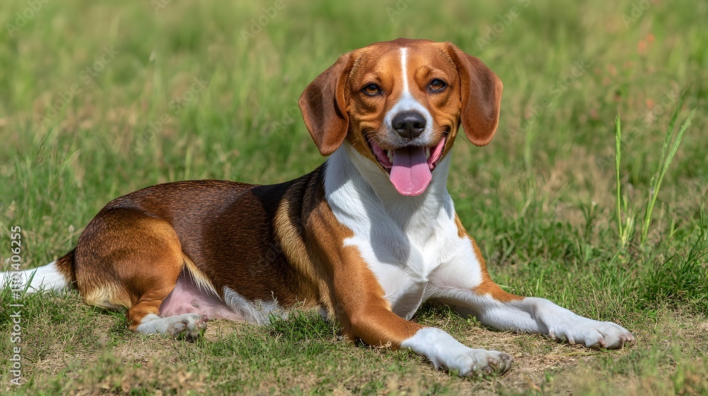 A friendly beagle lying on the grass, tongue out and wagging its tail, with a soft green background A friendly beagle lying on the grass, tongue out and wagging its tail, with a soft green background
