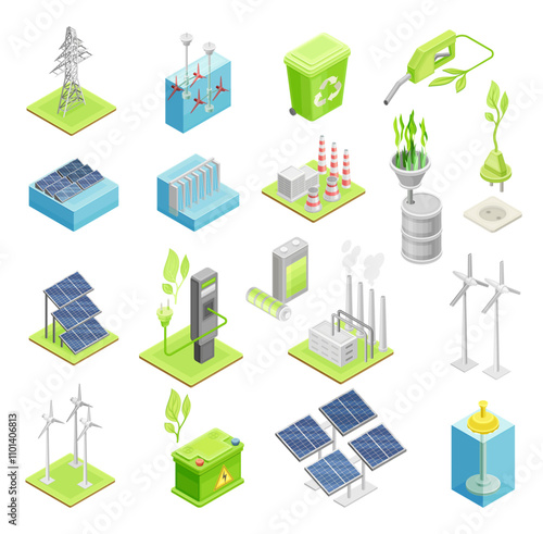 Renewable Energy and Green Power Isometric Vector Set