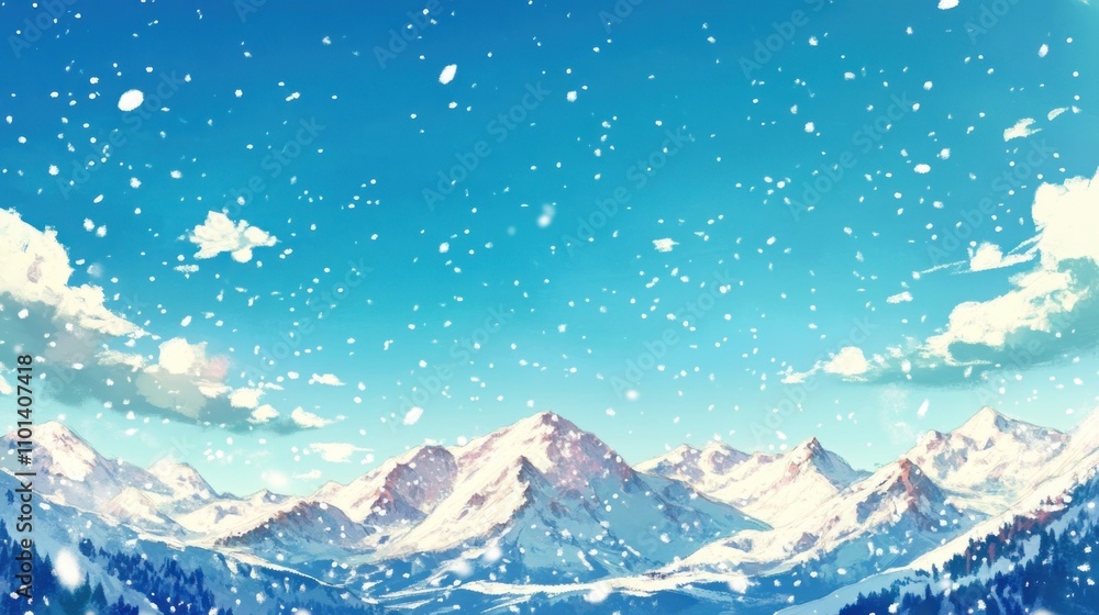 A serene winter landscape featuring snow-covered mountains under a clear blue sky. A serene winter landscape featuring snow-covered mountains under a clear blue sky.