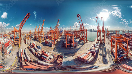 Cargo ships unloading at a vibrant port terminal in immersive 360 view AI generative photo