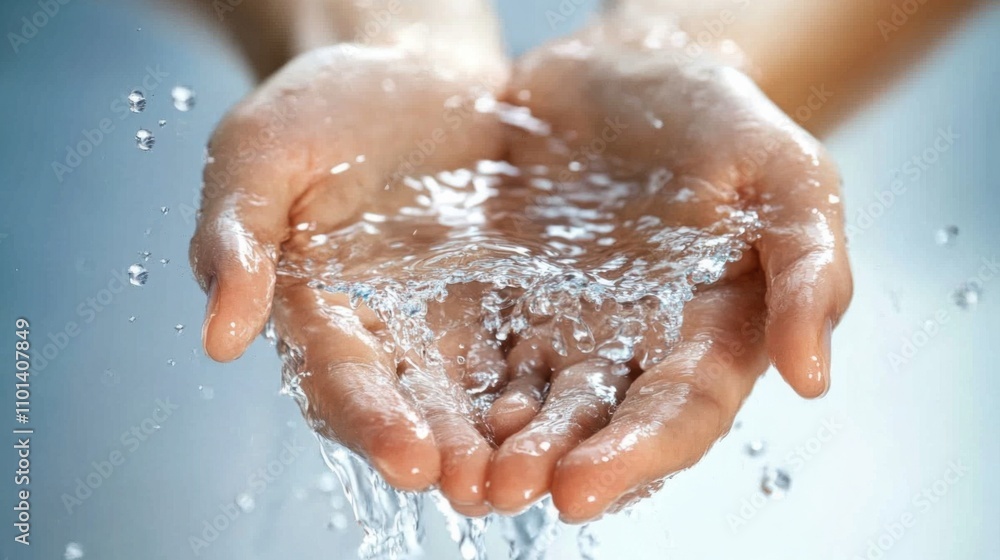 Fototapeta premium hands gently cupping clear water with droplets falling, against a simple natural background