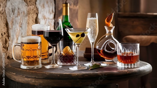 Selection of alcoholic drinks - beer, wine, martini, champagne, cognac whiskey rustic background photo