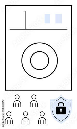 Device with a large circular dial and two buttons. Below are five user figures and a shield with a locked padlock, symbolizing security. Ideal for technology, security, user interface, privacy