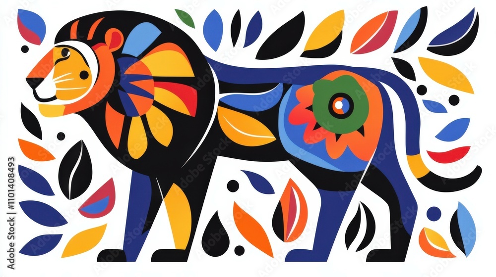 Obraz premium Vibrant lion folk art with floral patterns and bold colors