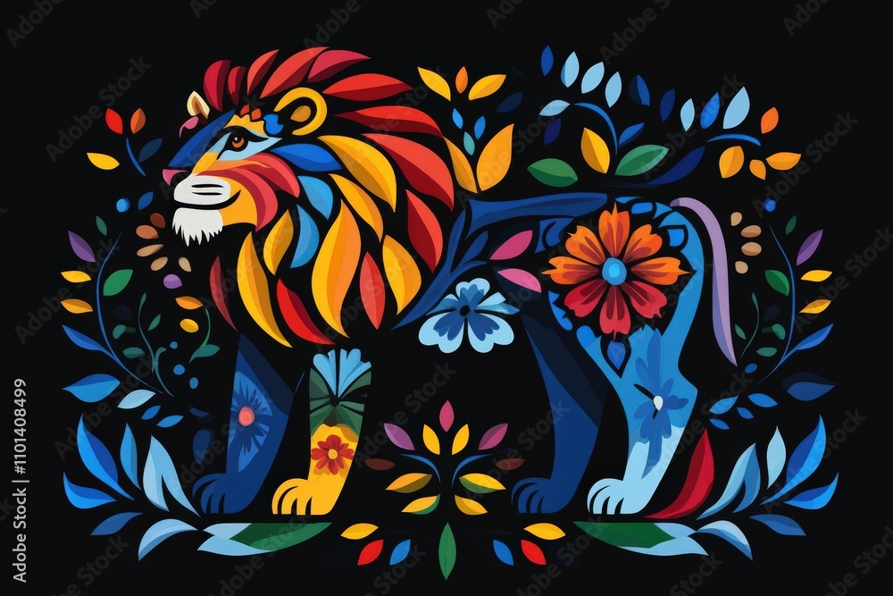 Obraz premium Colorful lion folk art surrounded by vibrant floral patterns
