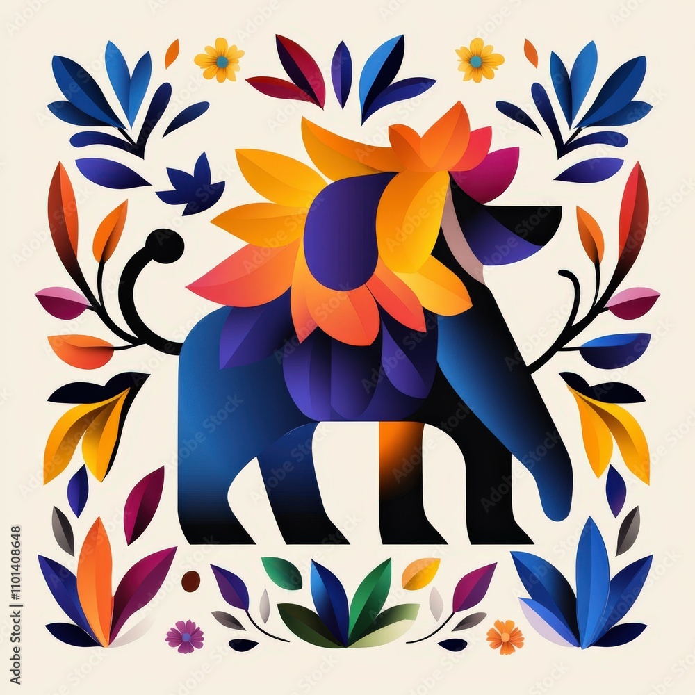 Obraz premium Vibrant lion folk art featuring floral motifs and bold colors