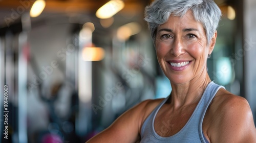 Image of a healthy middle-aged woman in a fitness center, displaying a confident smile and gazing at the camera
