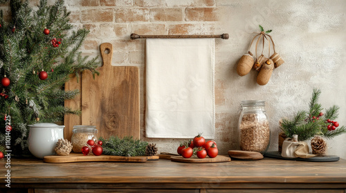 Kitchen towel and seasonal Christmas setup on beige background AI generative. photo