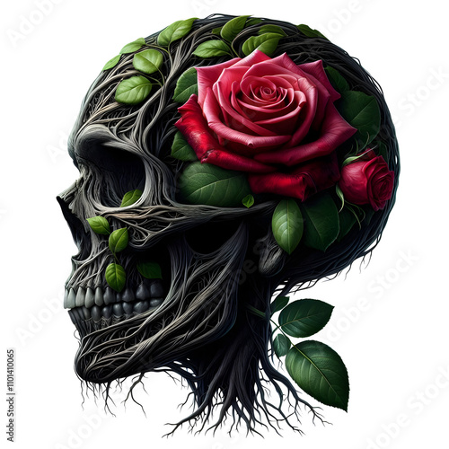 Skull with Roses and Vines Illustration