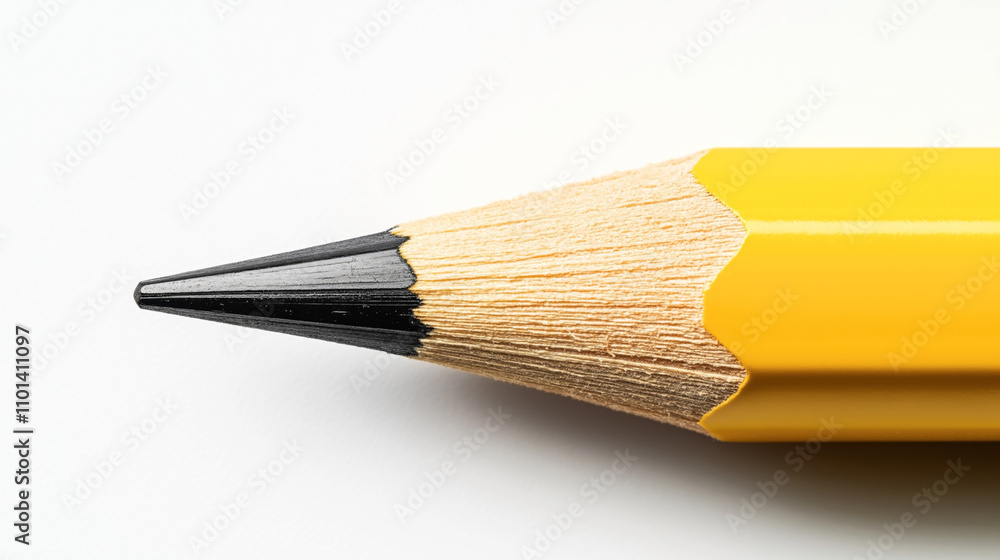 Fototapeta premium Close-up of a sharpened yellow wooden pencil tip on a white background