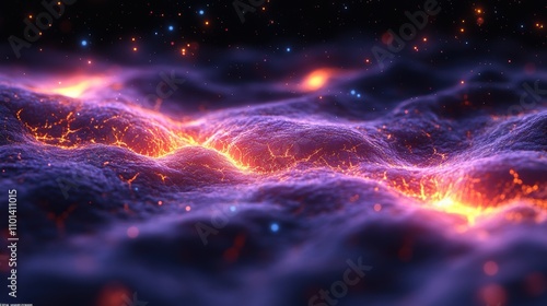 A purple and orange sky with a lot of stars and fire. Generative AI