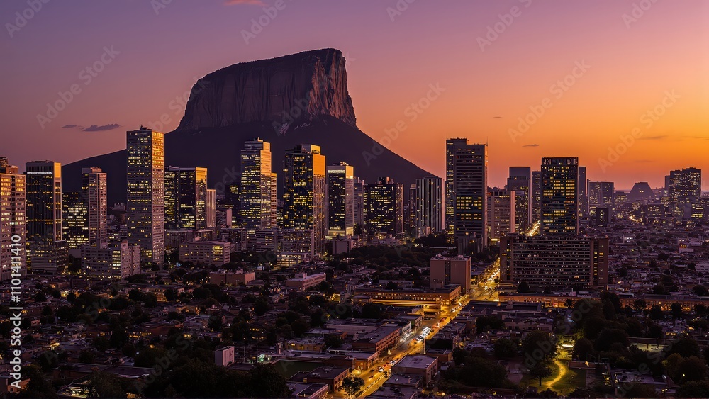 Obraz premium Generative AI, Urban Skyline at Twilight with Towering Cliff Backdrop