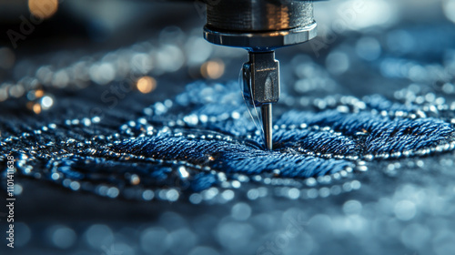 Machine stitching blue thread onto grey fabric with precision AI generative photo