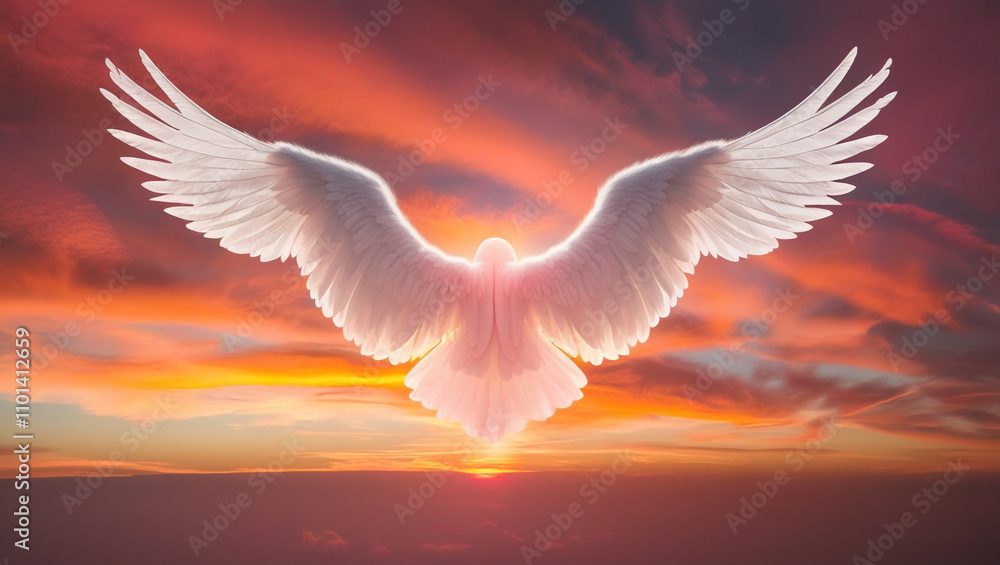 Fototapeta premium angel in the sky, Abstract view of angel wings flying in the sky in front of majestic sunset, religion and salvation