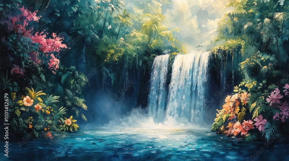 Obraz premium Serene Waterfall Cascading Through Lush Tropical Rainforest