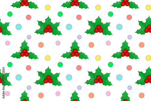 Festive seamless pattern featuring mistletoe with red berries and vibrant colorful circles on white.