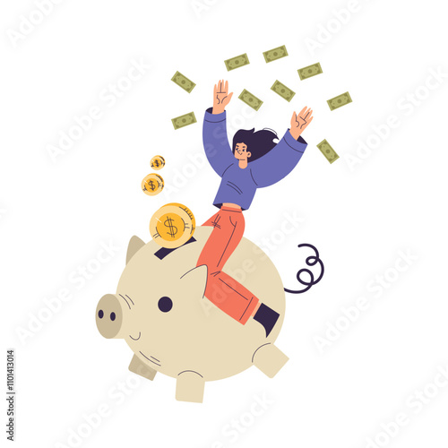 Rich Woman Character on Piggy Bank Throw Dollar Banknote and Coin Vector Illustration