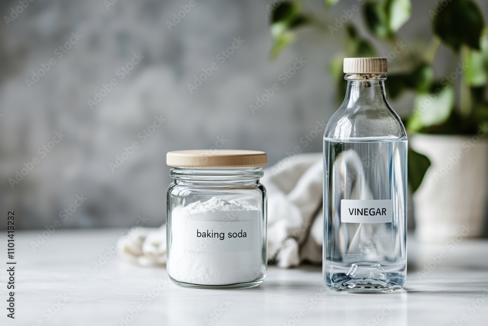 Obraz premium Baking soda and bottle of white vinegar on the table with cotton towel and green potted plant on background with copy space on the left.