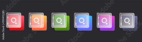 Glass morphism bank safe box icon set in various color. Vector money security element on dark background