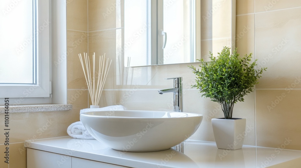 Fototapeta premium modern bathroom with single sink, light decor, large mirror, indoor lighting, minimalist style,