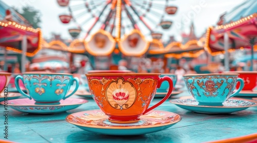 Colorful teacups in an amusement park setting with a ferris wheel in the background.