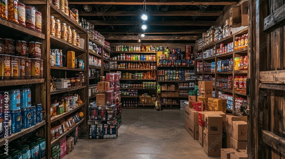 Rustic pantry shelves stocked with jars and packaged goods Rustic pantry shelves stocked with jars and packaged goods