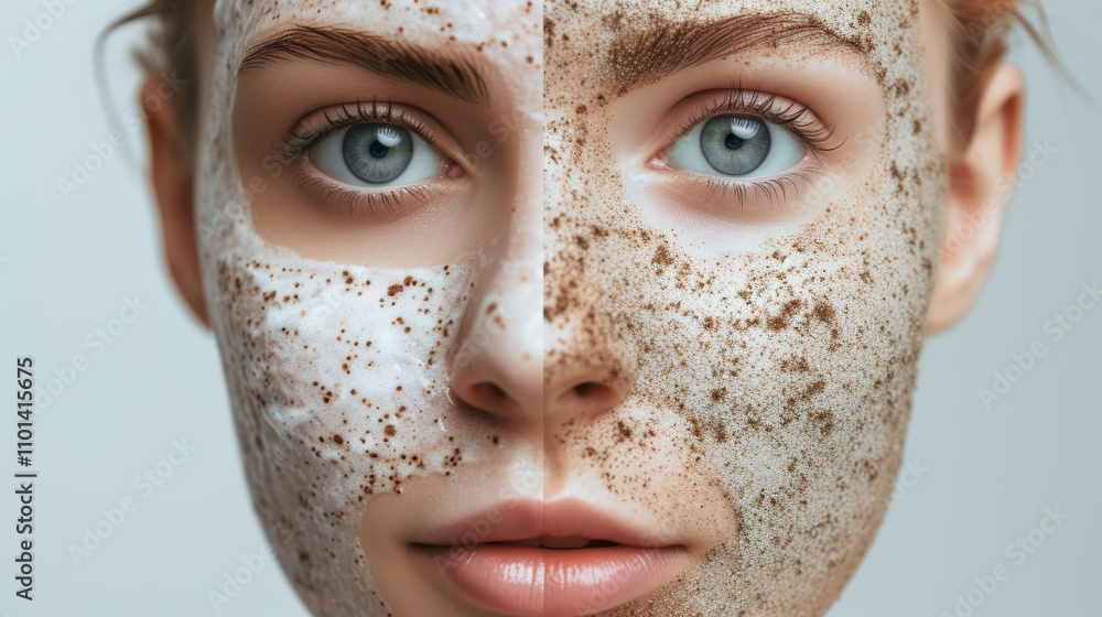 Obraz premium A close-up of a woman's face with half covered in a cleansing mask and the other half in an exfoliating scrub, emphasizing the benefits of skincare treatments. Perfect for beauty, skincare, and