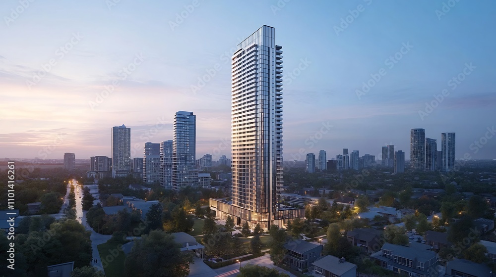 Fototapeta premium Luxury High-Rise Condominium in Suburban Setting at Dusk
