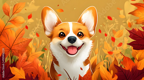 Obraz na płótnie A charming digital cartoon-style illustration of a Corgi smiling happily, with oversized ears and a wagging tail, surrounded by animated autumn leaves in vibrant orange and red tones. w salonie