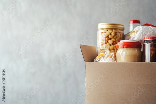 Cardboard box filled with groceries on gray background